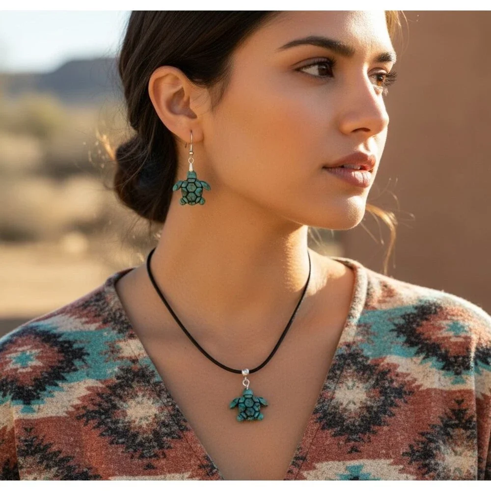 Faux Turquoise Turtle Polymer Clay Southwestern Pendant Necklace & Earring Set